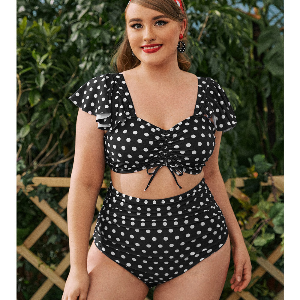 Polka Dot Short Sleeve Belly Control High Waist Bikini