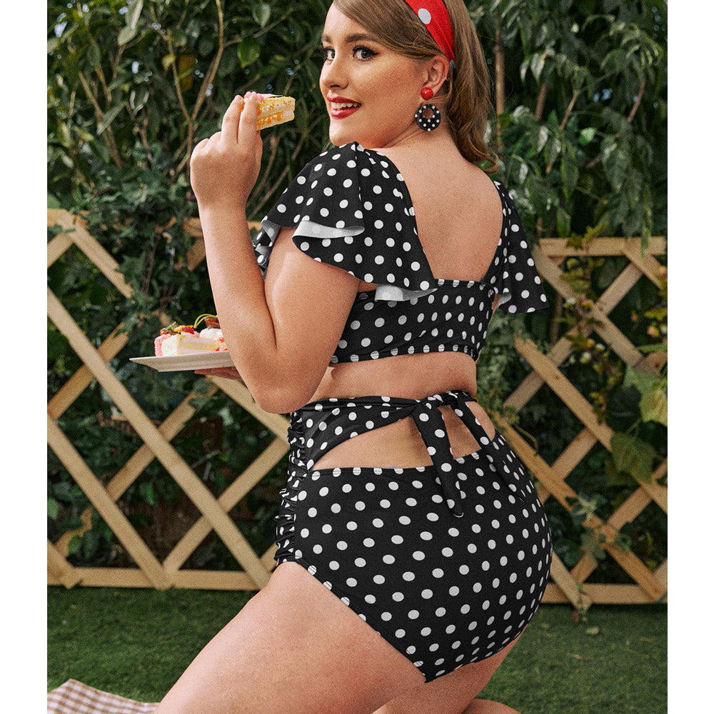 Polka Dot Short Sleeve Belly Control High Waist Bikini back details