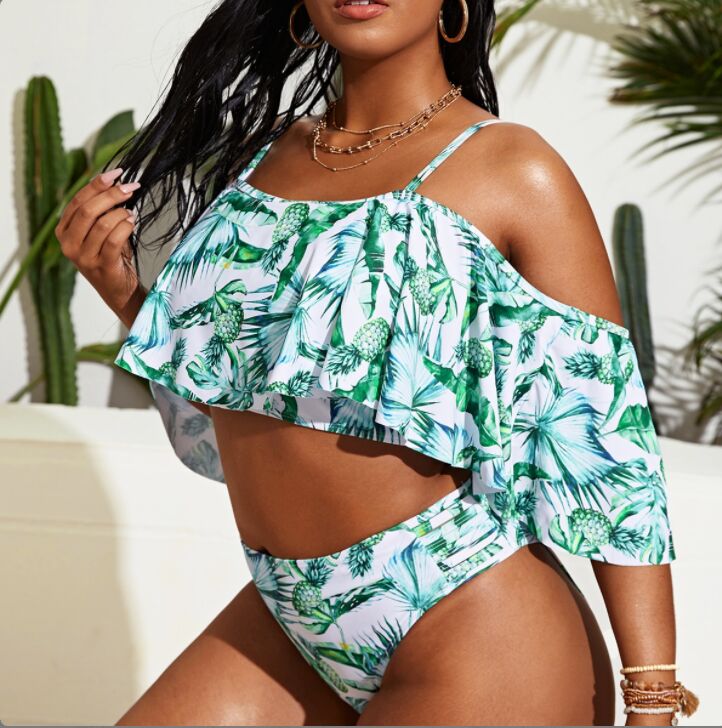 Upopby Ruffled Halter Sleeve Swimsuit High Waist Bikini Set