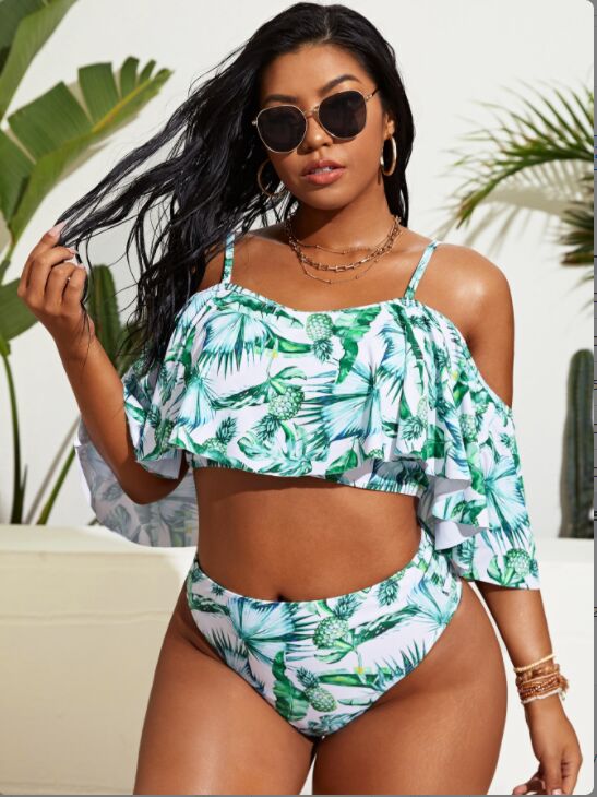 Upopby Ruffled Halter Sleeve Swimsuit High Waist Bikini Set