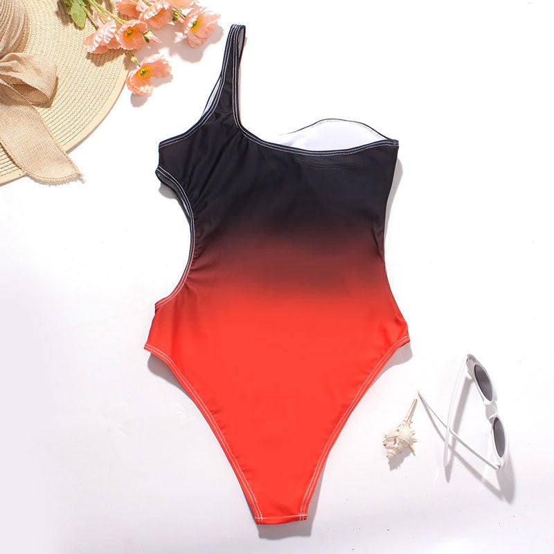 Upopby Gradient One-Piece Swimsuit One Shoulder Hollow Swimwear