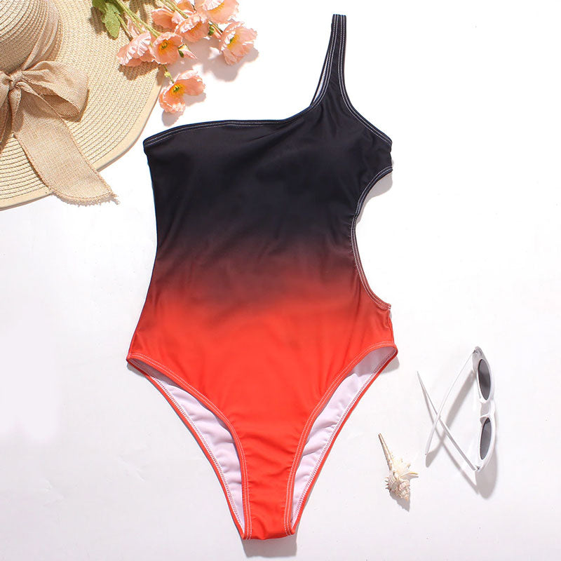 Upopby Gradient One-Piece Swimsuit One Shoulder Hollow Swimwear