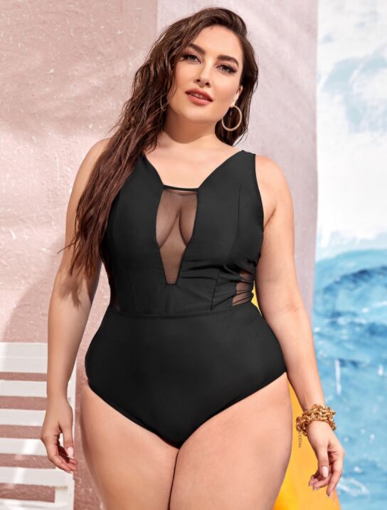 Black Translucent Hollow One Piece Plus-Size Swimwear