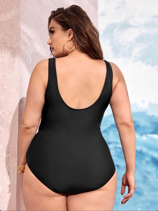 Black Translucent Hollow One Piece Plus-Size Swimwear back details