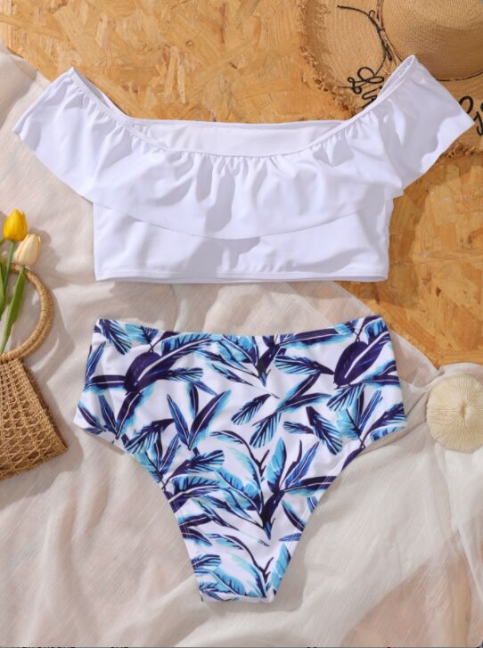 White cold shoulder swimsuit high waist bikini