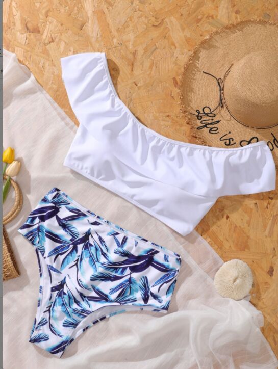 White cold shoulder swimsuit high waist bikini overview