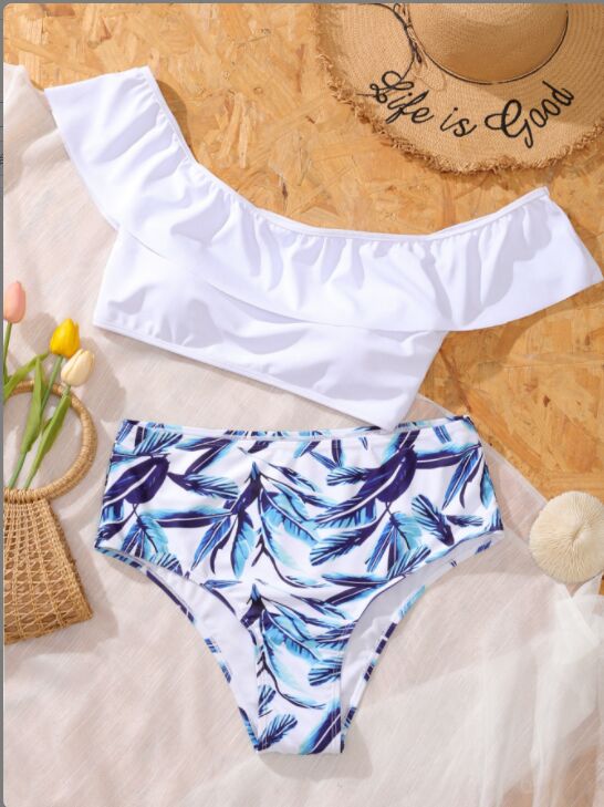 White cold shoulder swimsuit high waist bikini show