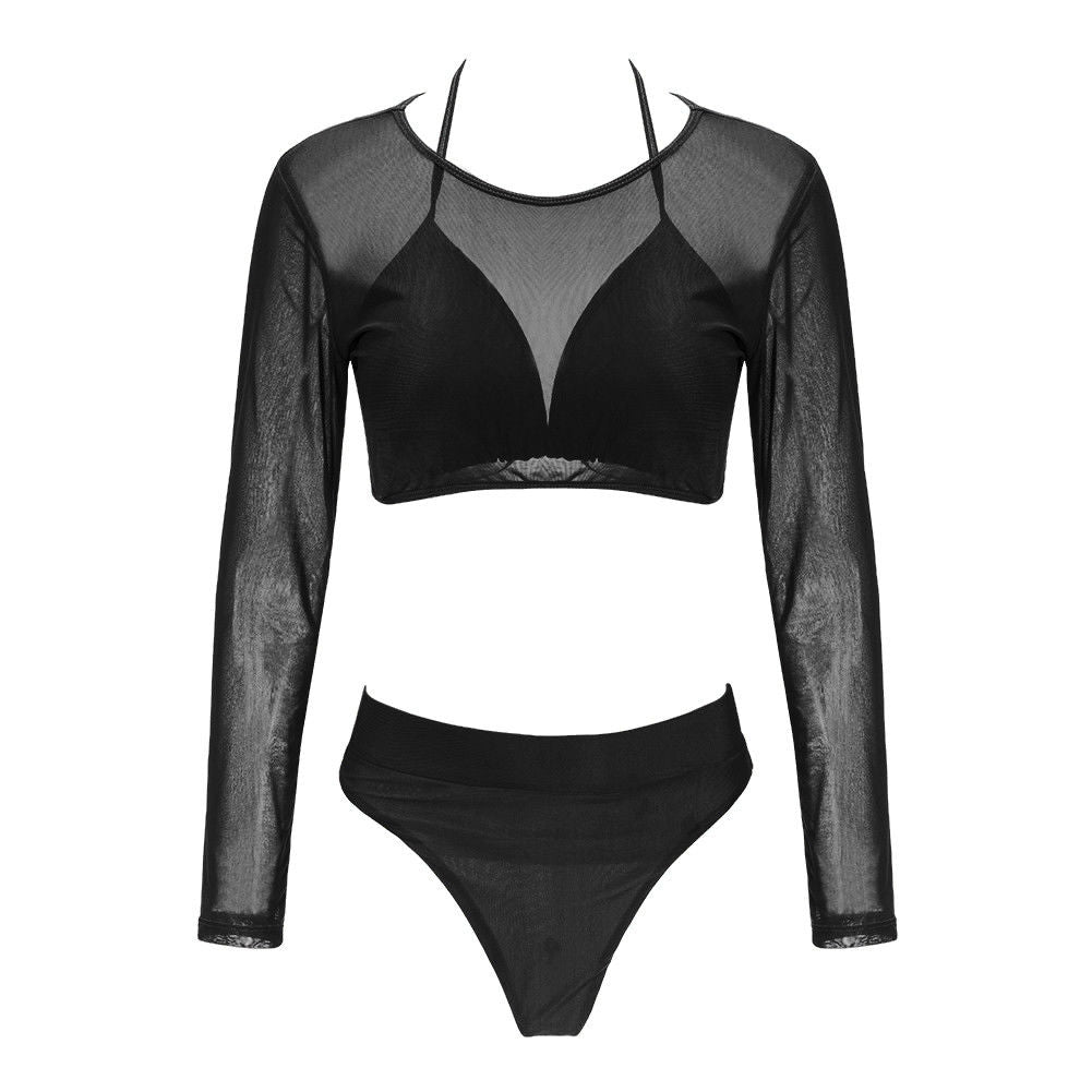 Upopby Solid 3-Piece Swimsuit High Waist Bikini With Mesh Long Sleeve Cover-Ups