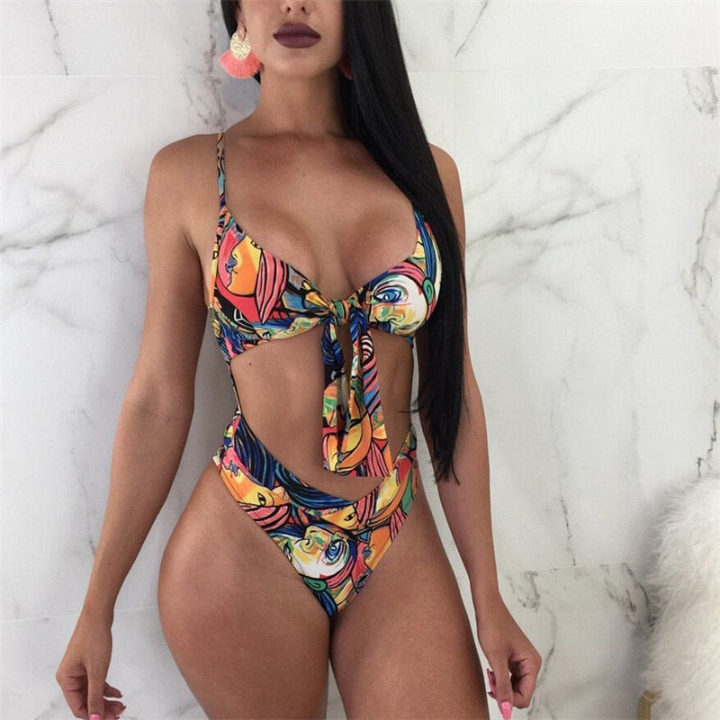 abstract print one-piece bikini