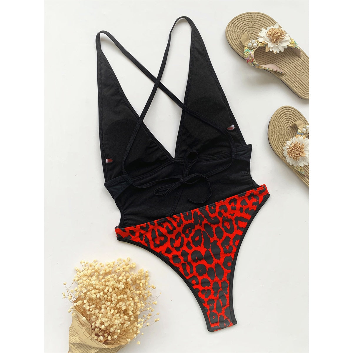 Upopby V-Neck Sexy Leopard Swimwear Belly Control One-Piece Swimsuit