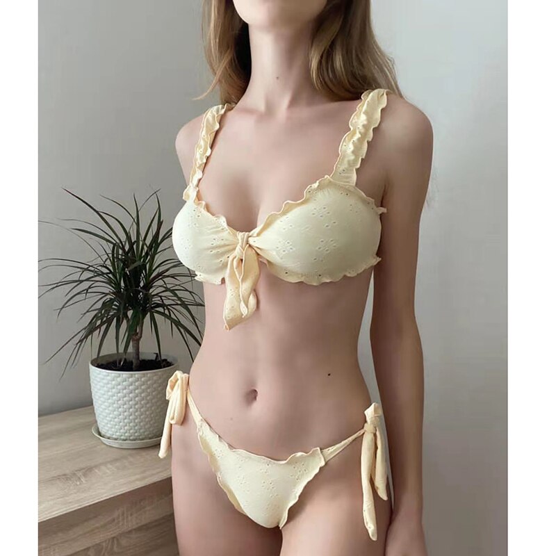 wear yellow swimsuit bikini bra women on the room