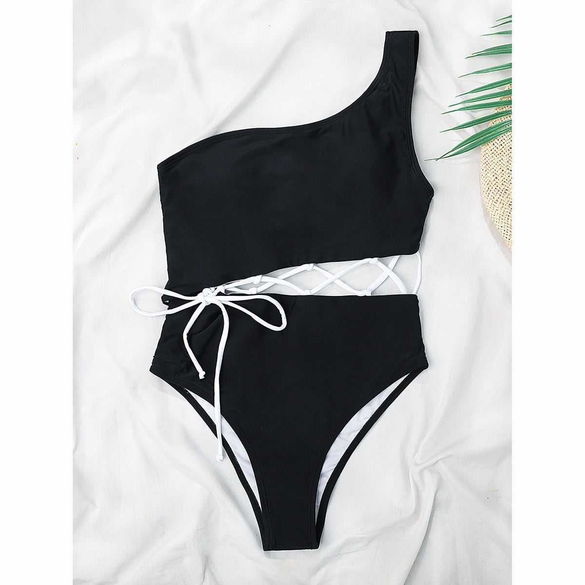 Upopby Solid One Shoulder One-Piece Swimsuit High Waist Swimwear