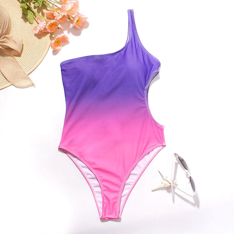 Upopby Gradient One-Piece Swimsuit One Shoulder Hollow Swimwear