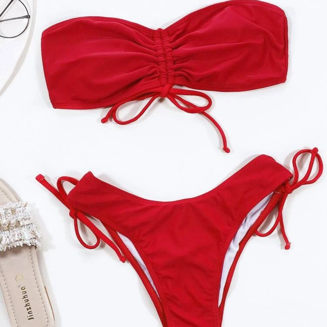 red bandeau bikini string bikini microkini show