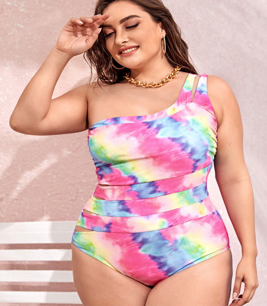 One-Shoulder Tie-Dye One-Piece Plus Size Swimsuit