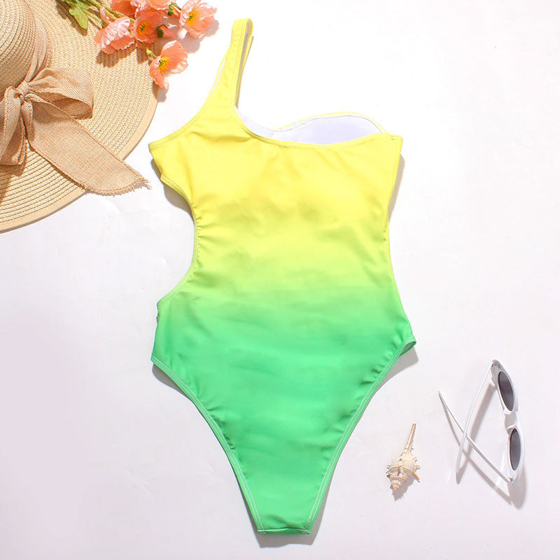 Upopby Gradient One-Piece Swimsuit One Shoulder Hollow Swimwear