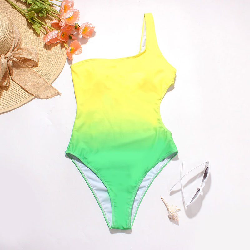 Upopby Gradient One-Piece Swimsuit One Shoulder Hollow Swimwear