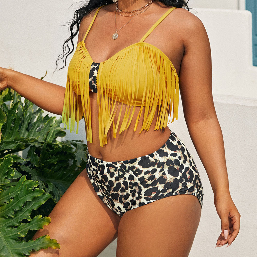 Yellow Fringed Spots Print High Waist Bikini Swimsuit display